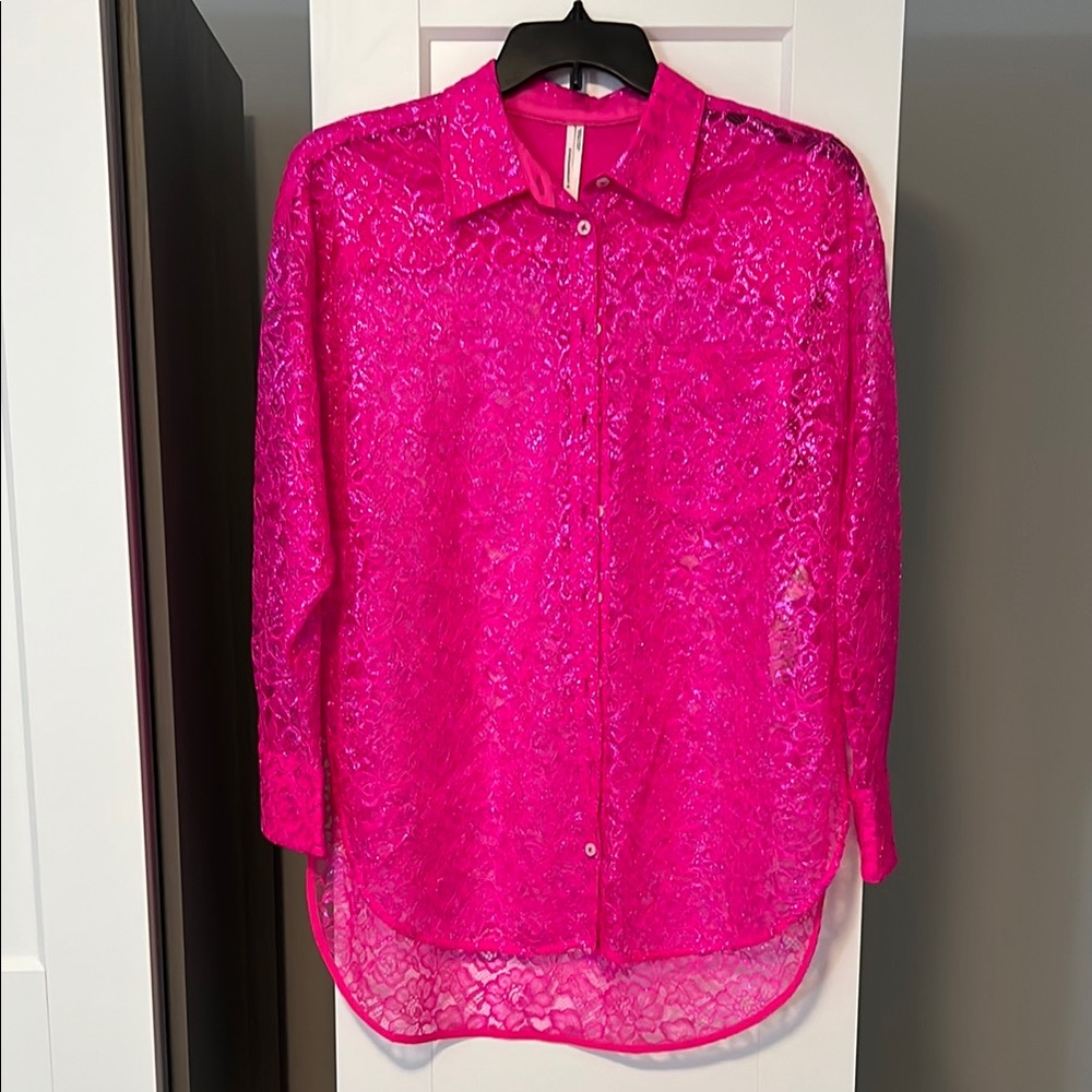 Pink Sequin Button Down Shirt with Notched Collar